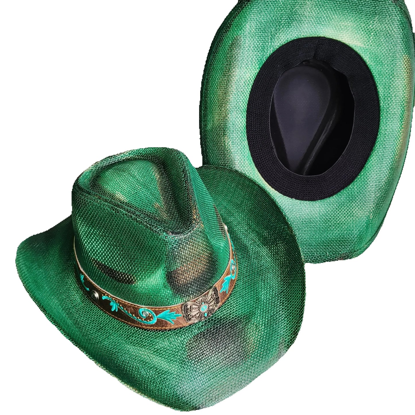 Hand-painted Western Cowboy hat Bronze green hat for men women Large Brim stiff straw hat summer sombrero vaquero hombreковбойс