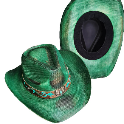 Hand-painted Western Cowboy hat Bronze green hat for men women Large Brim stiff straw hat summer sombrero vaquero hombreковбойс