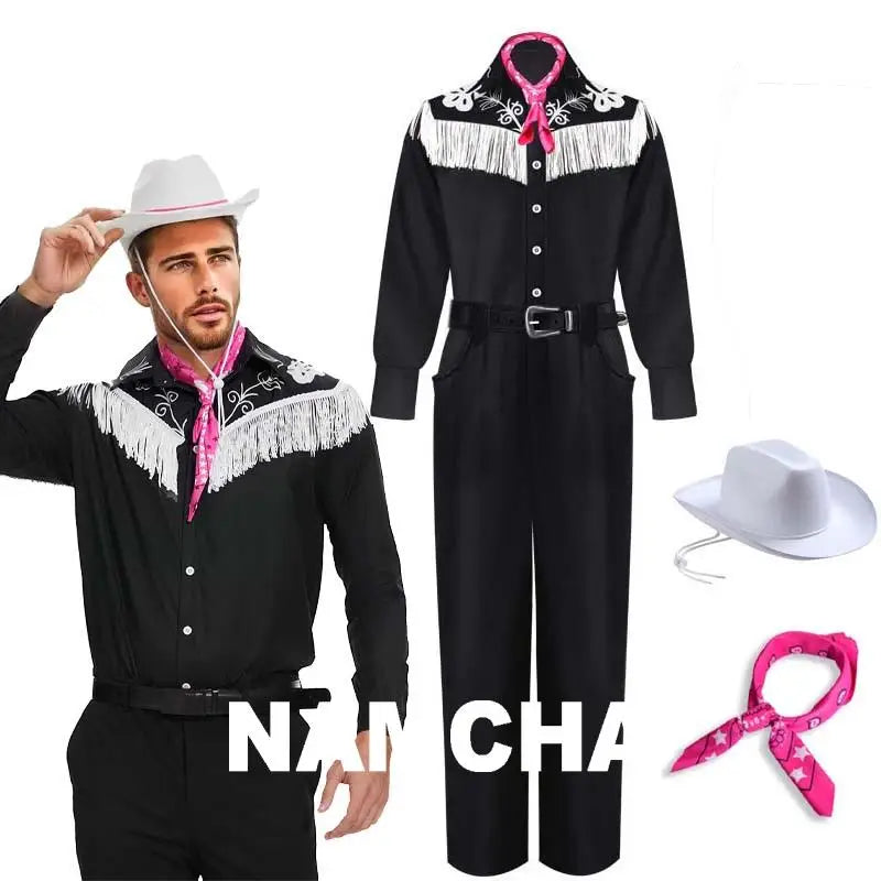Costume de cowboy pour homme avec écharpe, chemise noire à franges à manches longues, pantalon et chapeau, idéal pour Halloween ou cosplay adulte