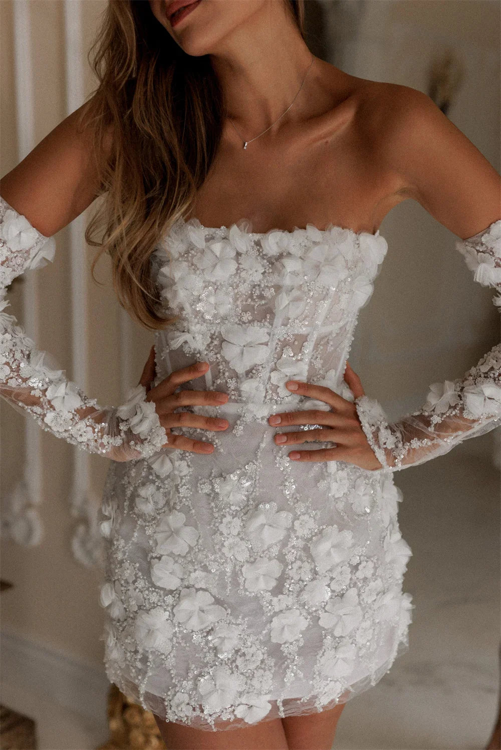 Amanda Customized Bead String Strapless robes de soirée Appliques Thigh-Length Evening Dresses Valentines Day Wedding Dress