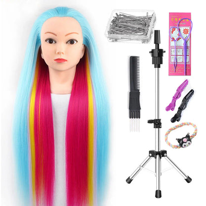 Tête de mannequin à cheveux longs synthétiques avec support de trépied de perruque réglable Modèle avec tête de mannequin Formation de coiffeur coiffant