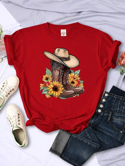 T-shirt femme motif cow-boy et bottes de l'Ouest, manches courtes décontracté et à la mode, col rond, coupe ample, vêtement de ville quotidien