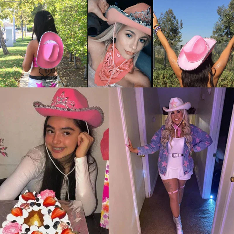 Ensemble de chapeaux de Cowboy roses, 3 pièces, chapeaux de fête d'enterrement de vie de jeune fille, chapeaux de Cowgirl occidentale en plumes, casquettes de Costume de fête + lunettes + mouchoir