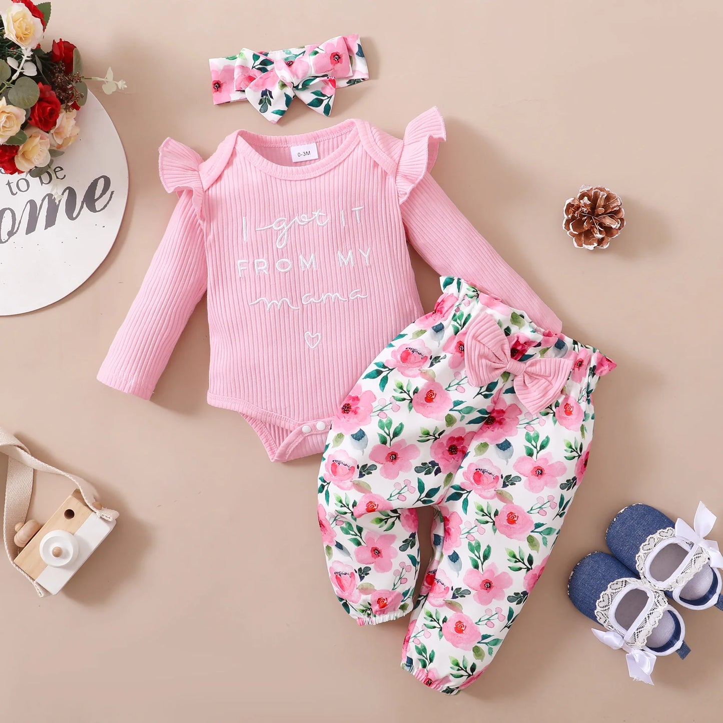 Ensemble de vêtements rose pour bébé fille 0-18 mois, tenue printemps et automne, body manches longues + pantalon floral + bandeau, 3 pièces, tenues de mode pour tout-petits