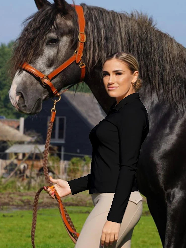 MXLLINA Tee-shirts d'équitation bordeaux femme hauts équestres doux à manches longues pour femme cavalière chemise de base vêtement