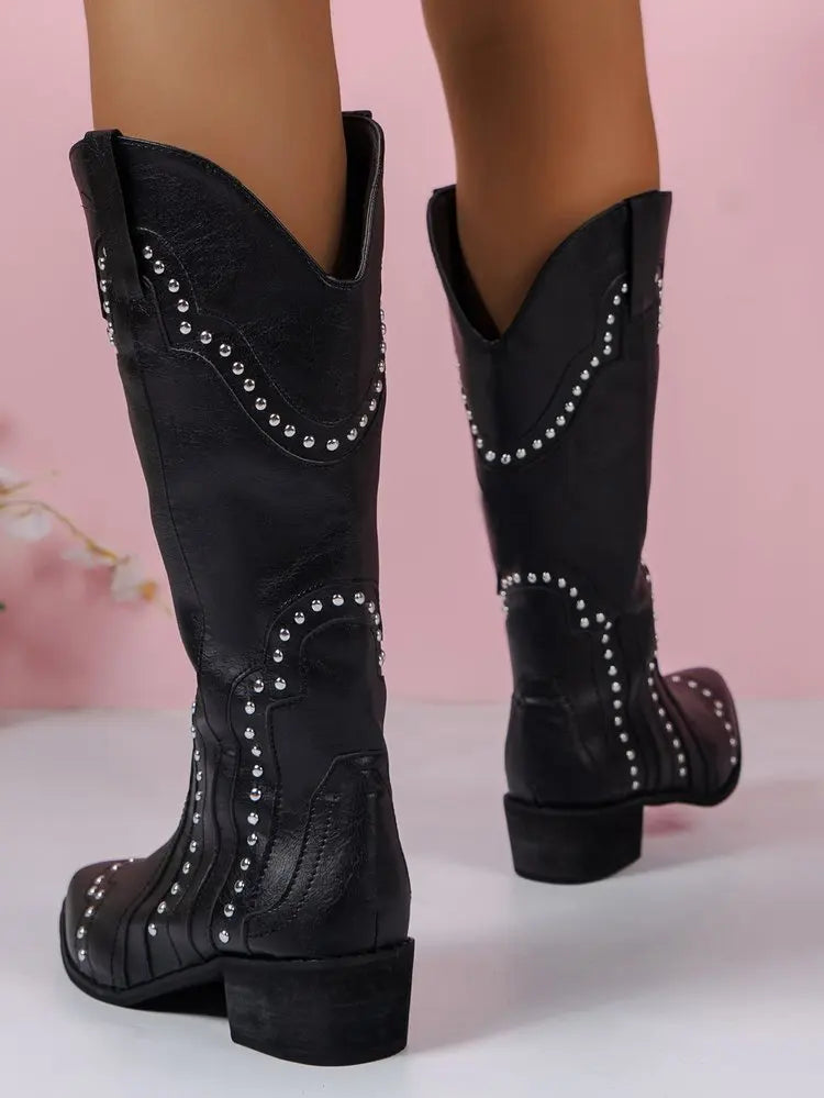 Retro Rivet Mid Calf Cowboy Boots for Women 2024 Autumn  Chunky Heels Western Boots Woman Slip on Pointed Toe Cowgirl Boras