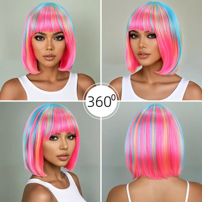 Perruque synthétique multicolore arc-en-ciel pour fêtes quotidiennes, perruque cosplay Halloween, perruque coiffure bob, couvre-chef