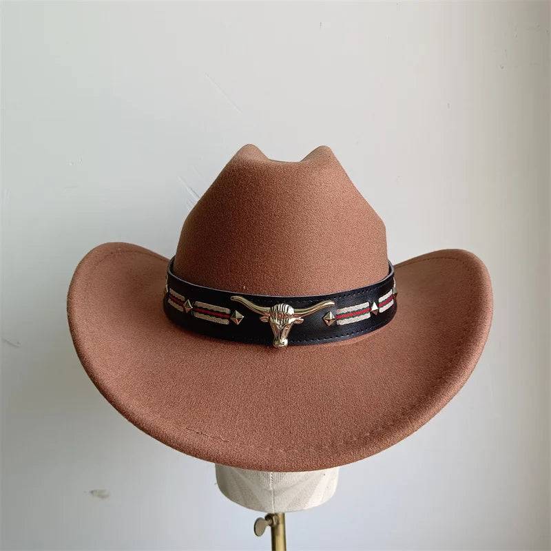 Ethnic Style Cowboy Hat Fashion Chic Unisex Solid Color Jazz Hat With Bull Shaped Decor Western Cowboy Hats