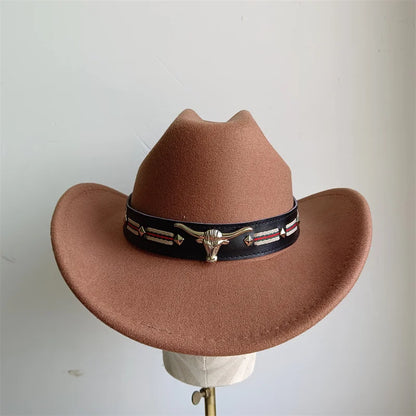 Ethnic Style Cowboy Hat Fashion Chic Unisex Solid Color Jazz Hat With Bull Shaped Decor Western Cowboy Hats