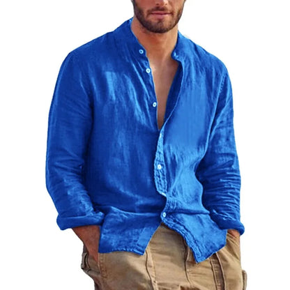Sweat-shirt à manches longues pour hommes, chemise en lin de couleur unie, tendance, col montant, décontracté, léger, respirant, chemise hawaïenne