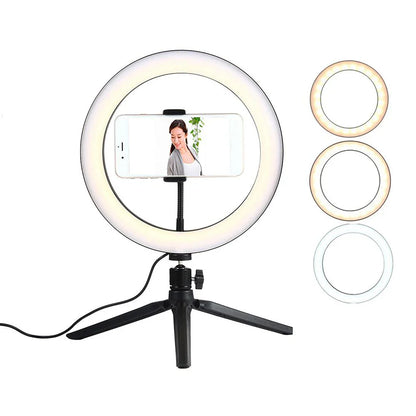 Anneau lumineux Led pour Selfie, 26cm, 10 pouces, Kit d'éclairage pour photographie, lampe de Charge Usb avec trépied pour vidéo en direct, 120 perles
