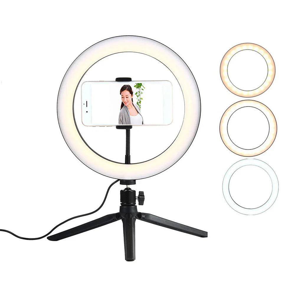 26cm (10") LED Selfie Ring Light, Photography Lighting Kit, USB Charging Lamp with Tripod for Live Video, 120 Beads