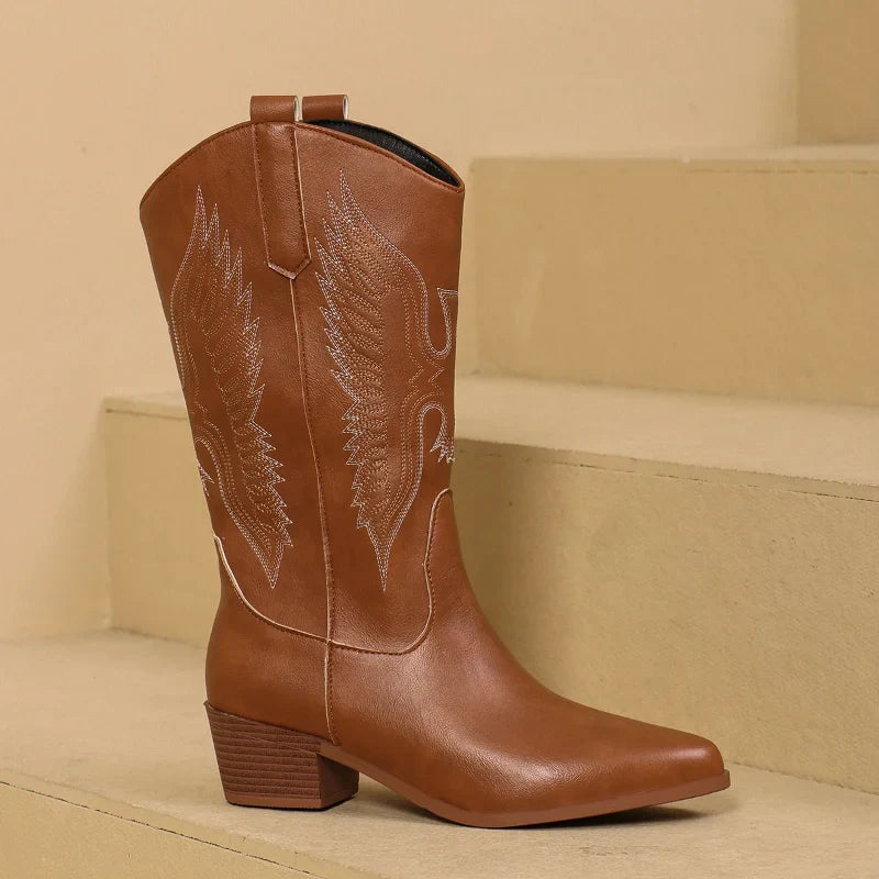 Bottes Western pour femmes, bottes de Cowboy à talons épais, Style Vintage, Country Western Cowgirl, à talons hauts, mode automne-hiver 2024