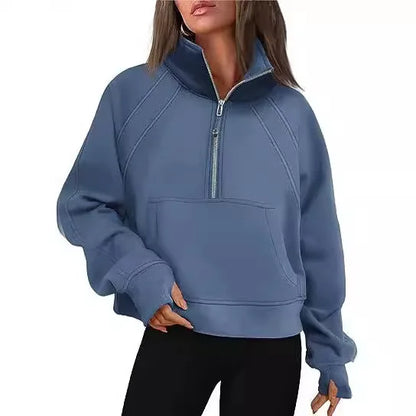 Sweat-shirt à col montant pour femme, sweat à capuche pour document solide, manches longues, poche adt, demi-fermeture éclair, pull sportif, haut streetwear, printemps, automne