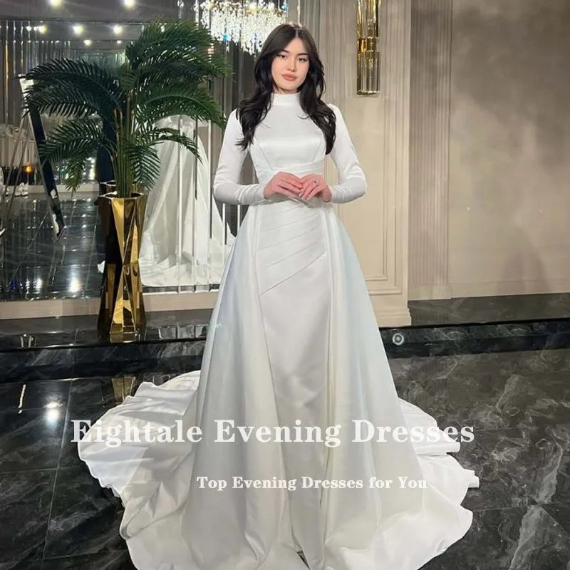 Eightale Arabic Wedding Dress High Neck Customized White Ivory Mermaid Long Sleeves Muslim Satin Bridal Gown Robe De Mariée