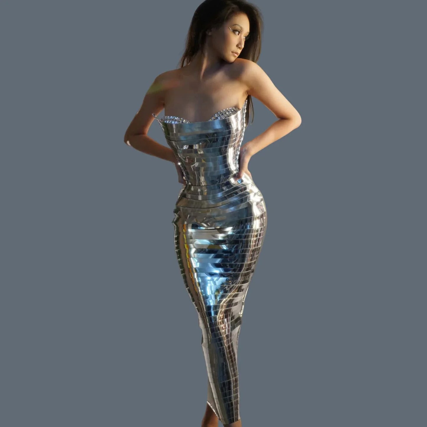 Women's QueParty Prom Dress, Upscale, Golden, Strapless, Sequined, Bar, Maxi, Sexy