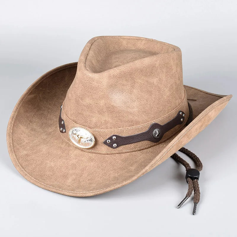 Chapeau de Cowboy occidental classique pour hommes et femmes, casquette de Cowgirl en Faux cuir noir, décontracté pour l'extérieur, Sombrero Hombre avec corde coupe-vent