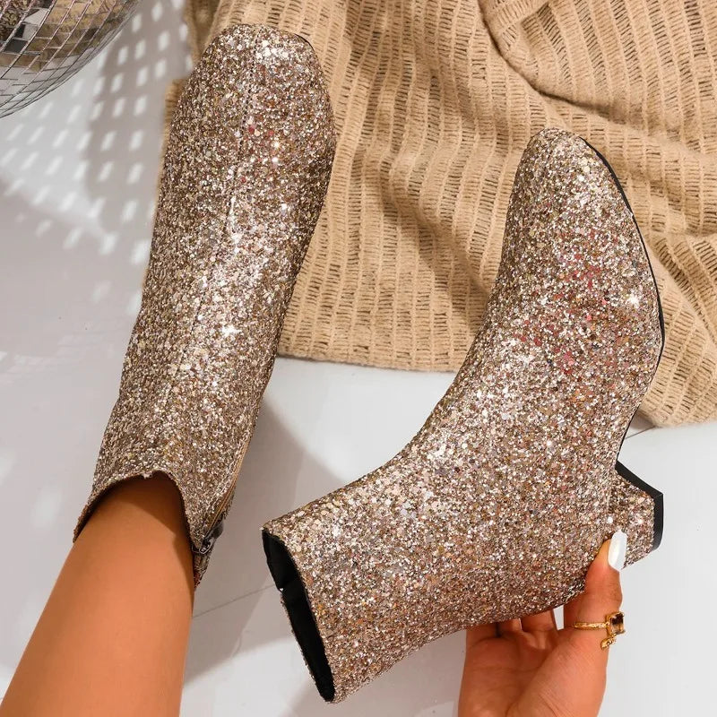 Bottes à paillettes et sequins pour femmes, avec fermeture éclair, talons épais, bottines à bout rond, chaussures de soirée pour femmes