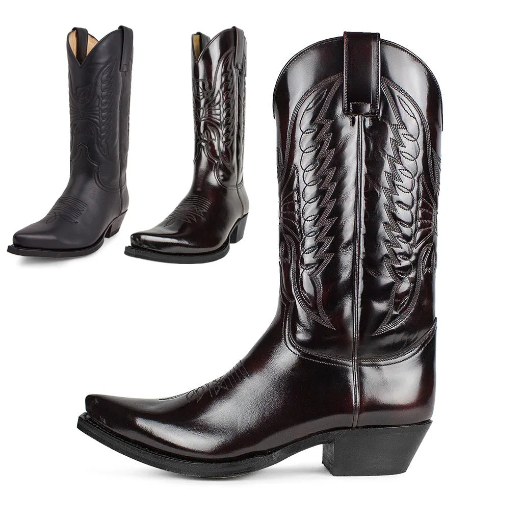 Men's Western Cowboy Boots Embroidered High Boots Retro Pointed Toe Platform Leather Shoes Slip on Plus Size Men Mid-calf Boots