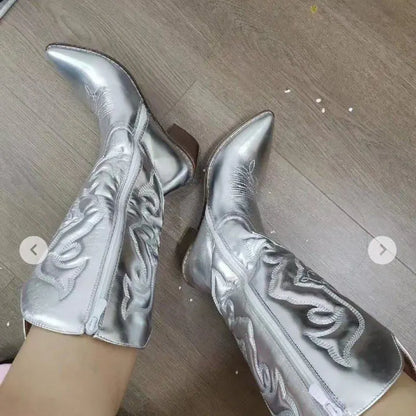 Bottes western de cowboy pour femmes brillantes métallisées brodées à talon aiguille bout pointu roses pour la livraison directe