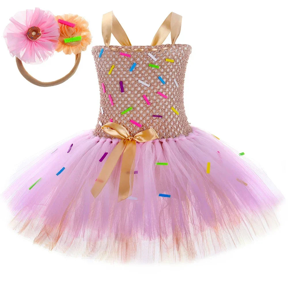 Déguisement de Beignet pour Enfants Robe Tutu Beignet au Chocolat Filles Robe de Princesse d'Anniversaire Fantaisie Vêtements d'Halloween et de Noël pour Enfants
