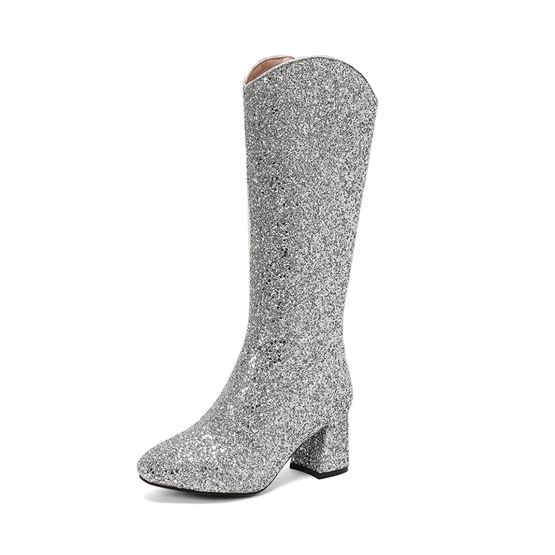 Bottes Hautes Scintillantes pour Femme, Ajustement Confortable, Talons 6,5 cm, Hiver 2024