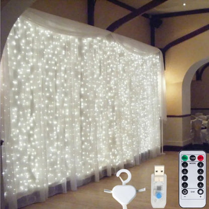 Guirlande lumineuse rideau LED USB, pour Nouvel An, Noël, mariage, anniversaire, chambre à coucher, Ramadan, Pâques, décoration intérieure