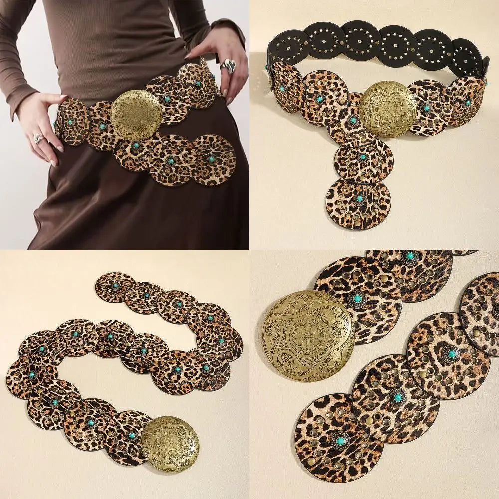 Exaggerated Wide Boho Disc Belt Rivet Turquoise Carved Buckle Waist Belt Adjustable Alloy Western Leather Waistband Cowgirl