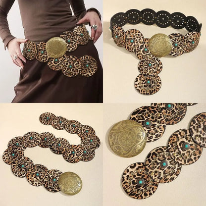 Exaggerated Wide Boho Disc Belt Rivet Turquoise Carved Buckle Waist Belt Adjustable Alloy Western Leather Waistband Cowgirl