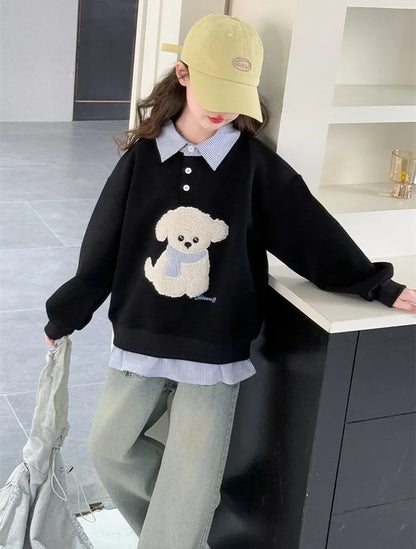 Sweat-shirt à capuche pour filles, Polo deux pièces en Faux, moyen-grand, coupe ample, haut de chiot de dessin animé, nouvelle collection printemps/automne 2025