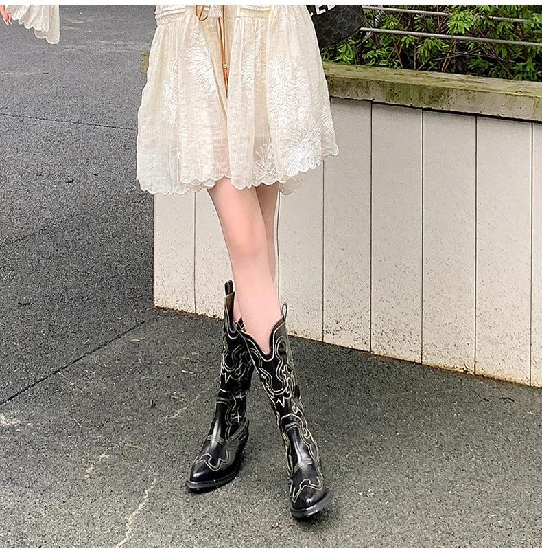 Ods Cowboy Western Boots For Women Real Leather Embroidered Pointed Toe Mid-calf Western Boot Retro Fashion Casual High Quality
