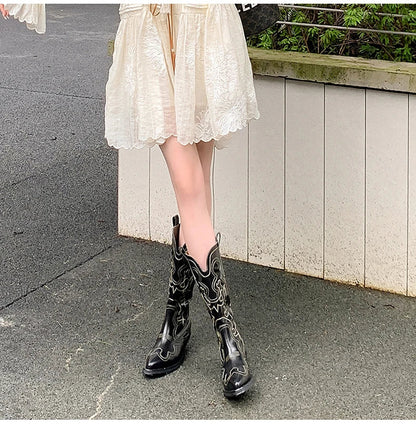 Ods Cowboy Western Boots For Women Real Leather Embroidered Pointed Toe Mid-calf Western Boot Retro Fashion Casual High Quality