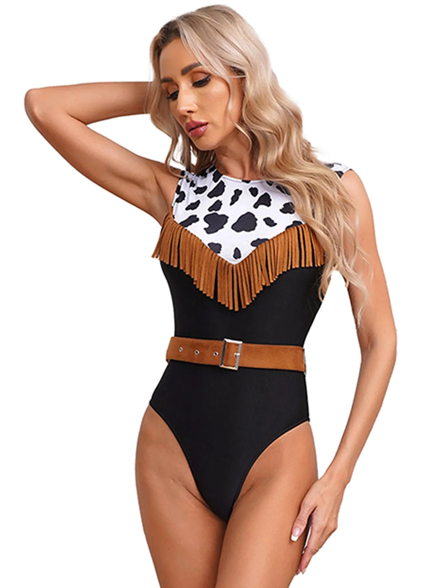 Grenouillère de cow-girl pionnière pour femmes, avec ceinture de taille en daim, costume de cow-boy pour fête d'Halloween, cosplay pour adultes, combinaison de discothèque