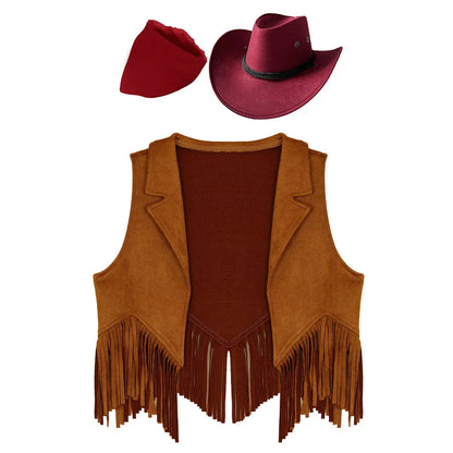 Costume de cosplay pour filles, cow-girl western, gilet en daim rétro à franges, ouvert sur le devant, avec bandana, foulard et chapeau pour Halloween et le carnaval