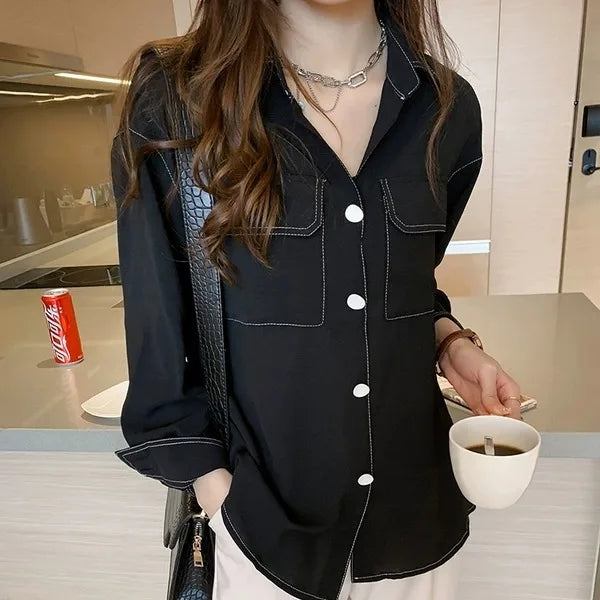 New Chic Sexy Chemise Tunic Long Sleeve White Collar Clothes Collared Aesthetic Tops Women's Blouse Korean Women Shirts Clothing