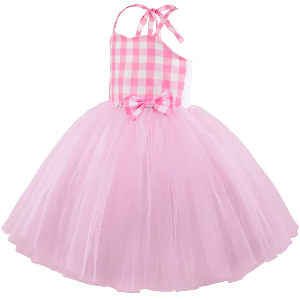 Movie Cowgirl Barbi Costume for Girls Princess Dress Hot Pink Plaid Margot Robbie Tutu Dress Kids Birthday Party Tulle Dresses