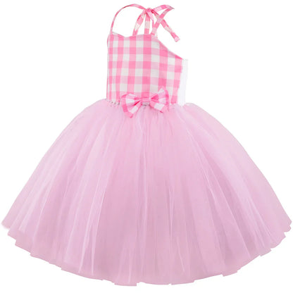Movie Cowgirl Barbi Costume for Girls Princess Dress Hot Pink Plaid Margot Robbie Tutu Dress Kids Birthday Party Tulle Dresses
