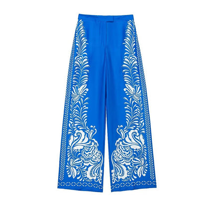 TRAFZA Woman Fashion Spring Wide Leg Pants Blue Print High Waist Pockets Button Zipper Trousers Female Bohemian Style Long Pants