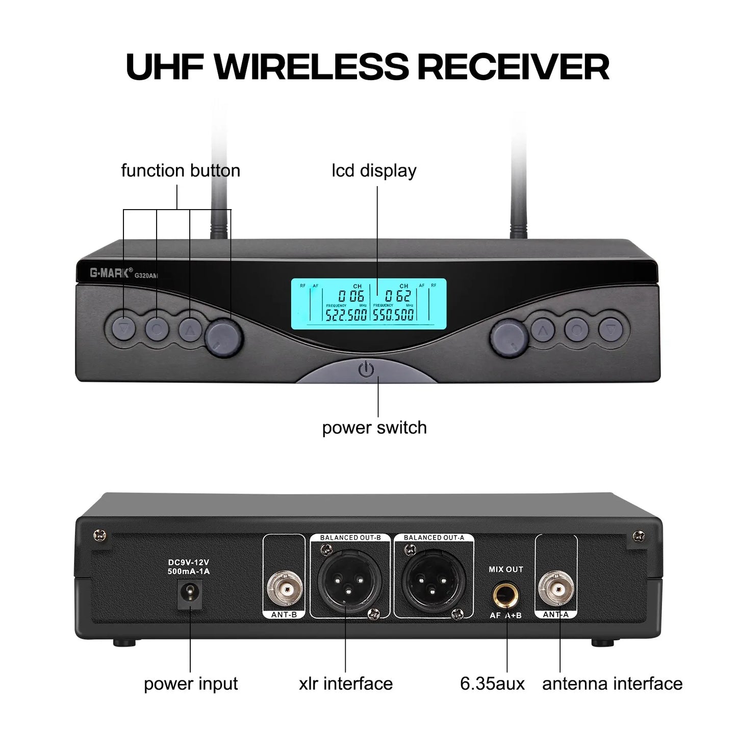 Sans fil Microphone G-MARK G320AM Professionnel UHF 2 Canaux Karaoké Mic De Poche Automatique Fréquence Réglable 100M