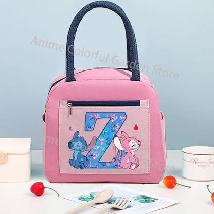 Anime Stitch High-capacity Lunch Bag Cartoon Letter A-Z Printed Insulated Box Picnic Portable Food Keep Fresh Handbag Bento Bags