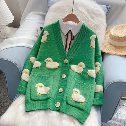 Women Winter Knit Sweater Coat V Neck Sheep Cardigans Christmas Sweaters Warm Knitted Sueter Mujer Loose Long Sleeve Jacket