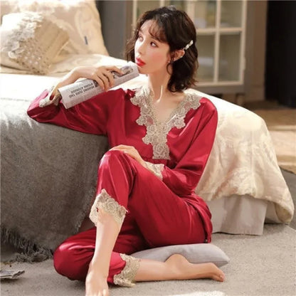 Ensemble de pyjama en satin pour femme - Haut à manches longues et pantalon, couleur unie, imprimé cœur, cardigan, vêtements de nuit pour fille