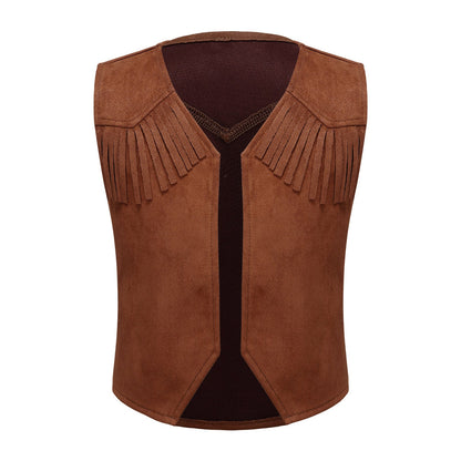Western Cowboy Costume for Kids Girls Boys Fringe Tassel Open Front Vest Waistcoat Carnival Halloween Cosplay Fancy Dress Up