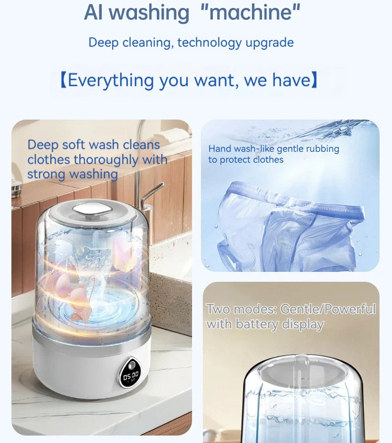 Mini Washing Machine Portable Rechargeable Fully Automatic Washing Machine for Underwear, Socks, and Small Laundry