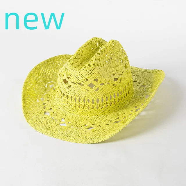 Chapeau de paille de cowboy vert matcha, tissé à la main, creux, pour hommes et femmes, chapeau de soleil d'été, chapeau de paille de cowboy occidental