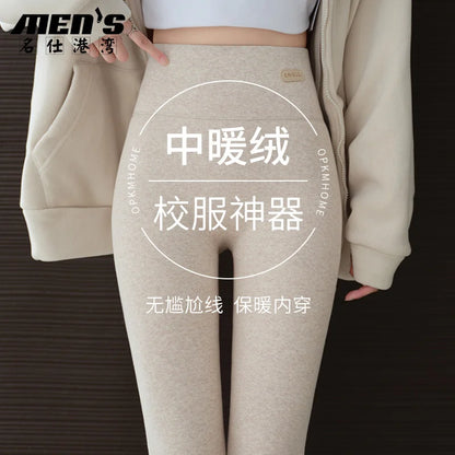 Leggings 420g 92% coton avec doublure polaire pour vêtements d'hiver, polaire d'agneau épaisse en coton pour femmes, pantalon chaud gris taille haute