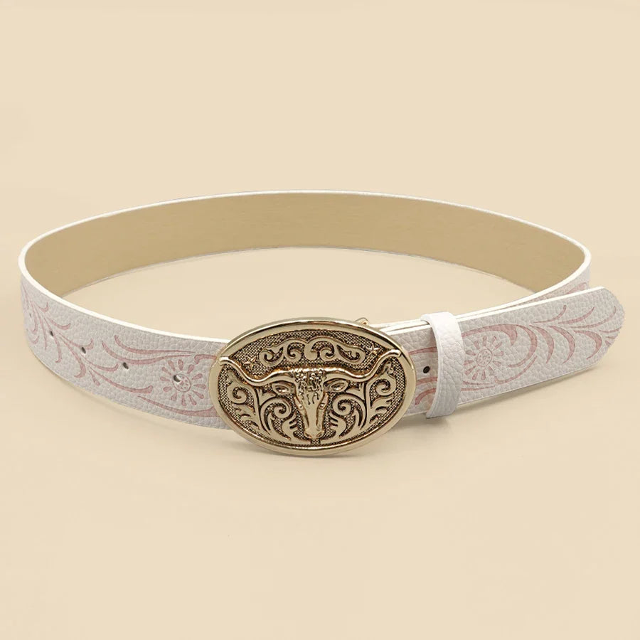 Ceinture décontractée vintage de style cowboy occidental – Boucle sculptée en tête de bœuf et imprimé bohème, parfaite pour les déplacements quotidiens et les tenues de rencontres