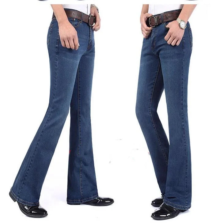 Men's Flared Jeans For Winter Thick Mid High Waist Slim Bell-bottoms Pants Elastic Fared Denim Trousers Size 26-40