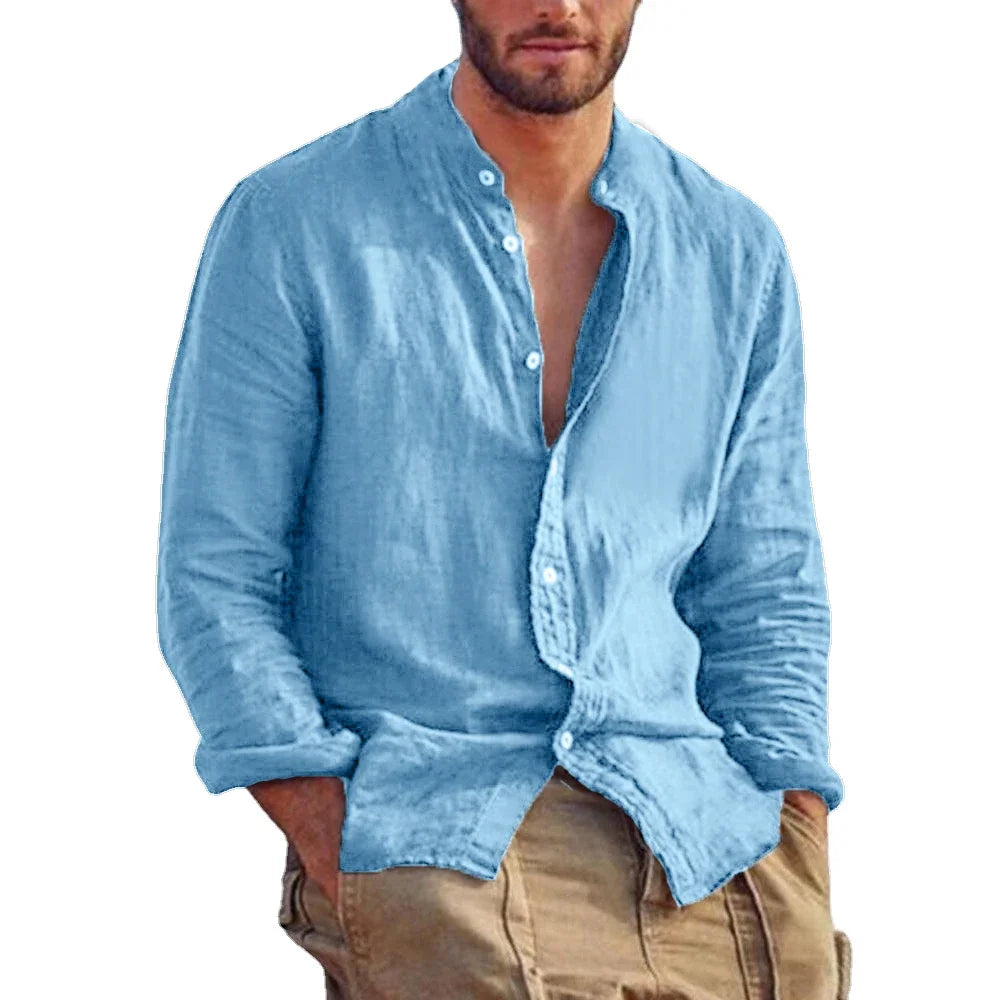 Sweat-shirt à manches longues pour hommes, chemise en lin de couleur unie, tendance, col montant, décontracté, léger, respirant, chemise hawaïenne