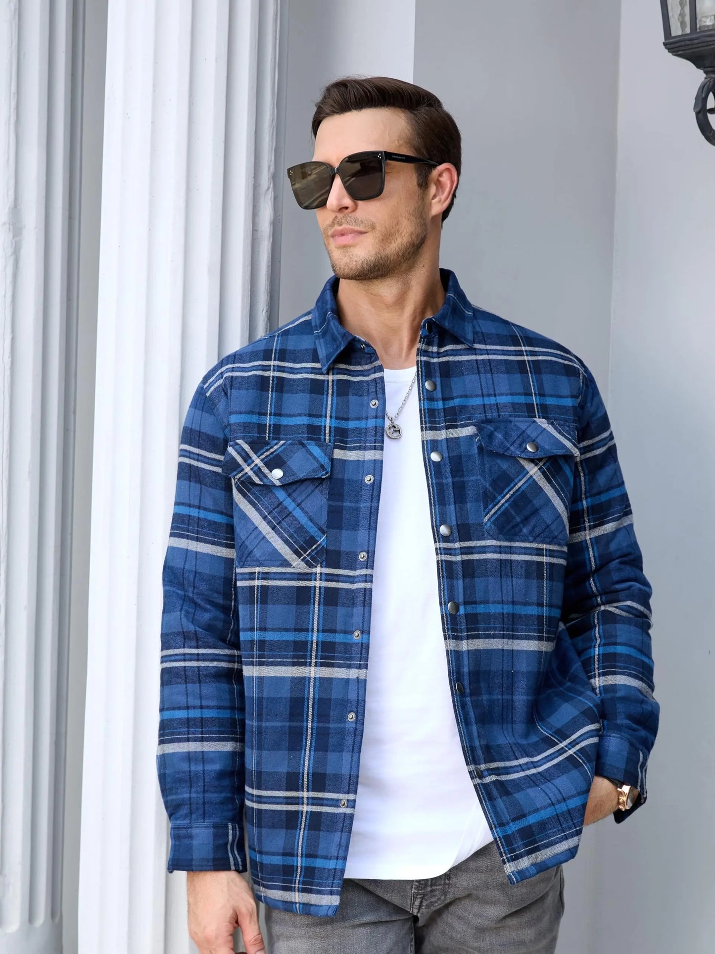TACVASEN Winter Plaid Cotton Jackets Mens Long Sleeve Quilted Lined Flannel Shirt Jacket Multi-Pockets Outwear Hiking Coats Tops